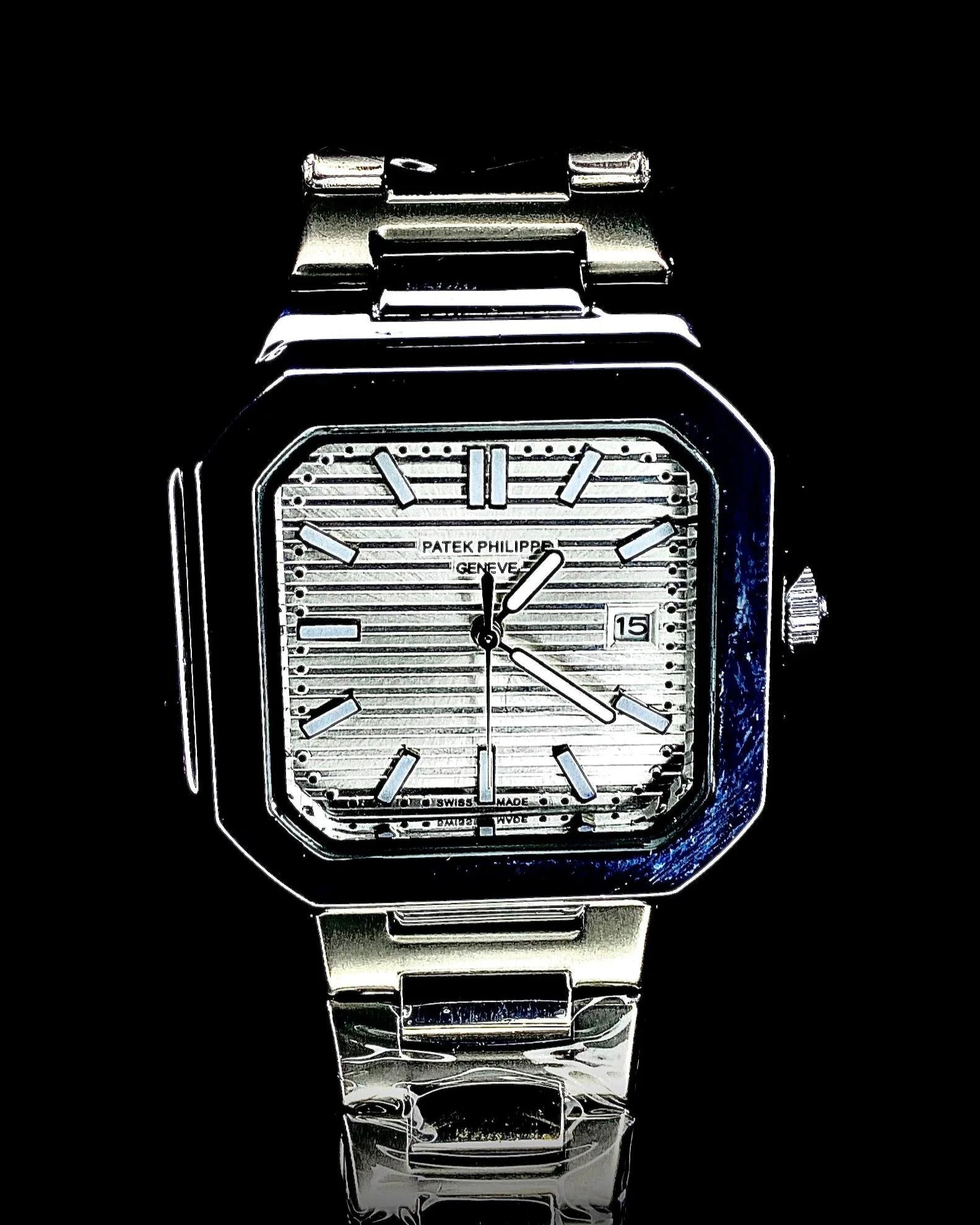 Silver Patek Philippe watch on a black background