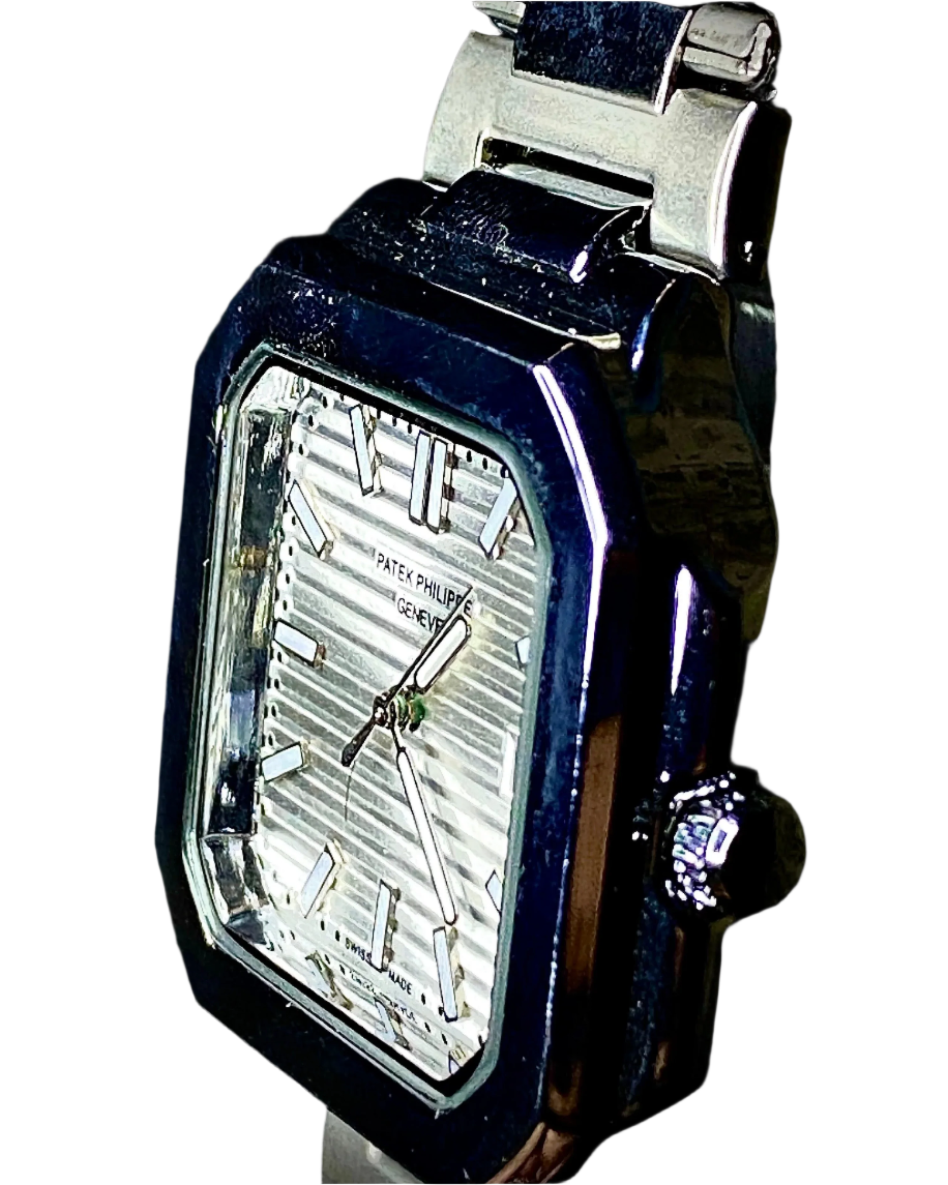 Watch with a blue and silver design on a dark background